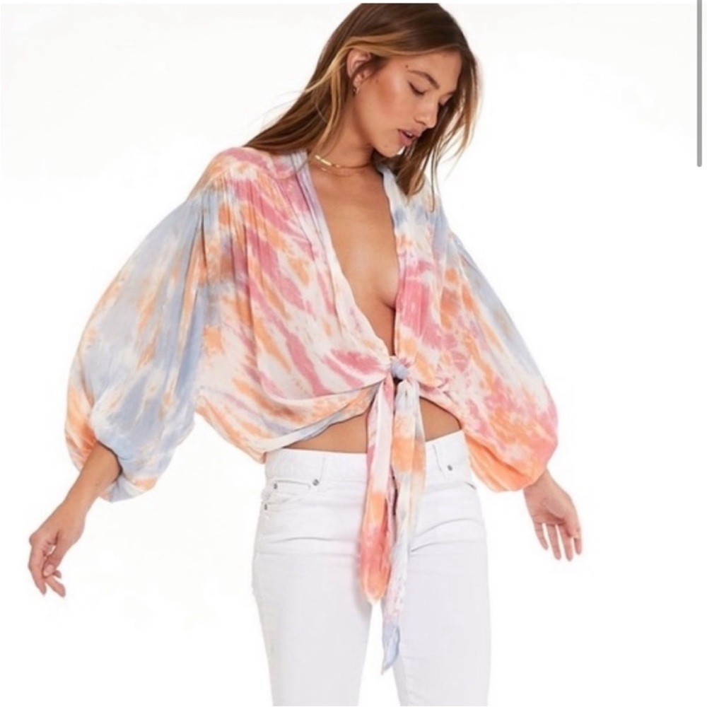 Young Fabulous & Broke Tie-Dye Kimono Top in Pink and Olive - Picture 9 of 9